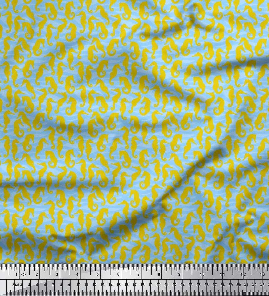 Soimoi Japan Crepe Satin Fabric Sea Horse Ocean Printed Craft Fabric by the metre 42 Inch