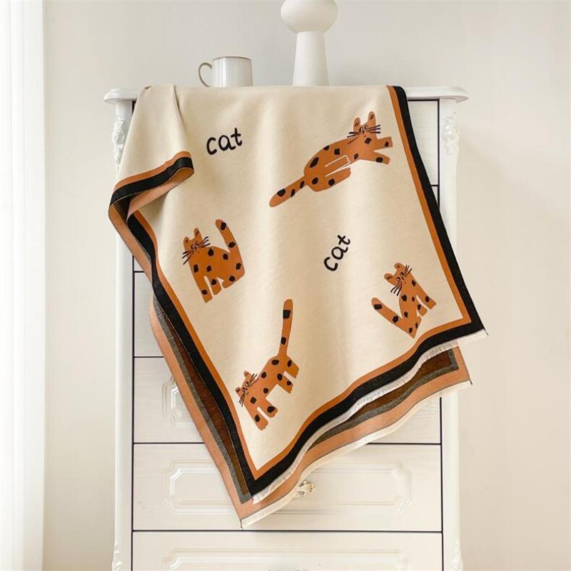 Winter imitation cashmere scarf women's double-sided cartoon cat shawl warm long sweet and cute fringed dual-purpose scarf