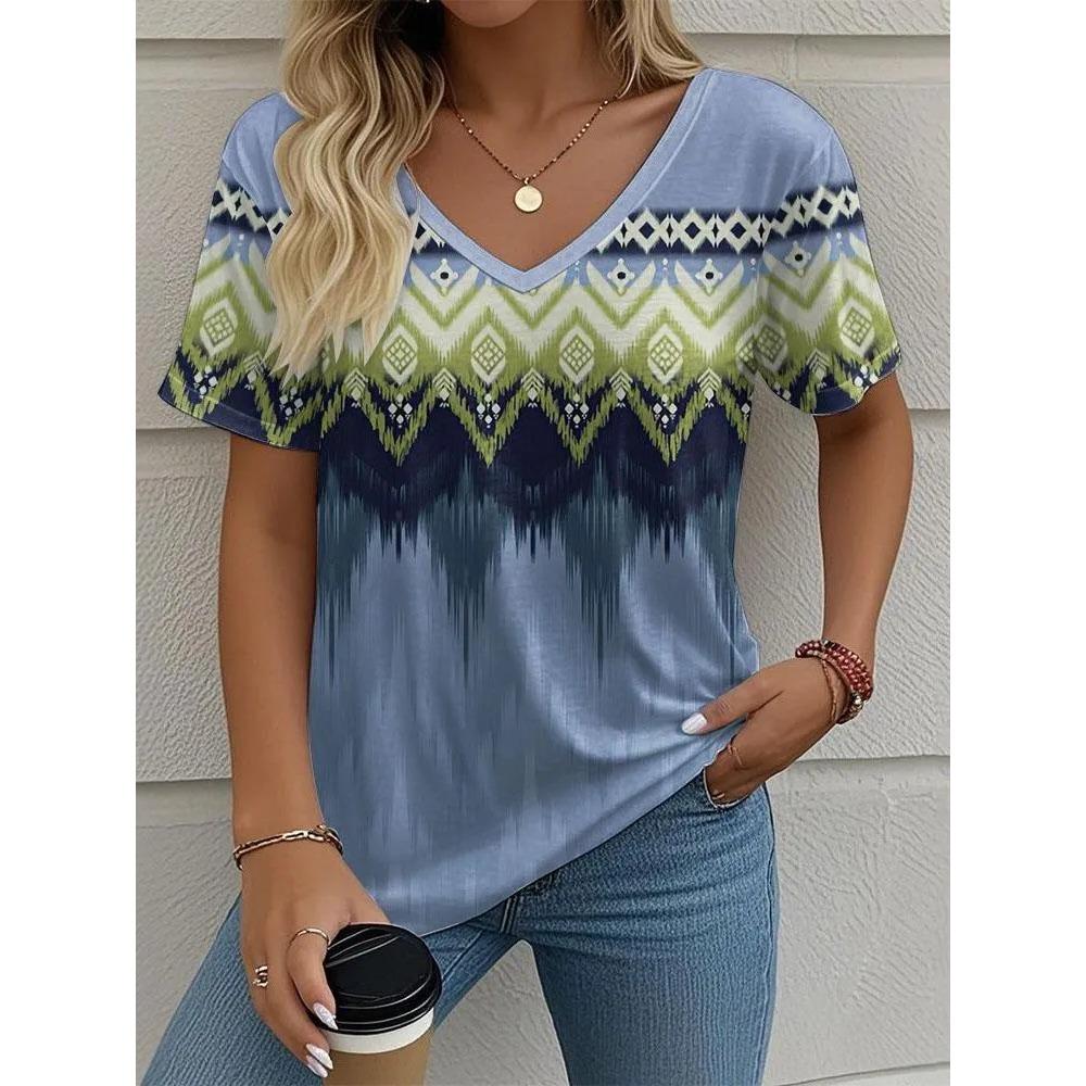 T-shirt Stampata con Fantasia Retrò alla Moda Larga a Maniche Corte Girocollo Versatile Comoda T-shirt da Donna Scollo a V