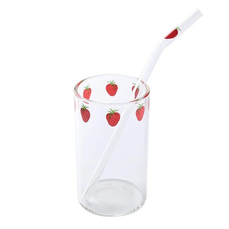 Tazza in Vetro Fragola Carina Resistente al Calore per Caffè Latte Acqua con Coperchio e Cannuccia Trasparente Carina Tazza con Cannuccia per Succhi Smoothie Bevande Fredde