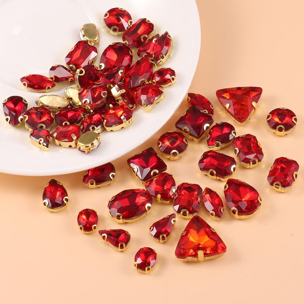 Mixed size glass rhinestone with claw cut diamond on stone bar, K gold base metal crystal, used for embroidery 50 pieces/pack
