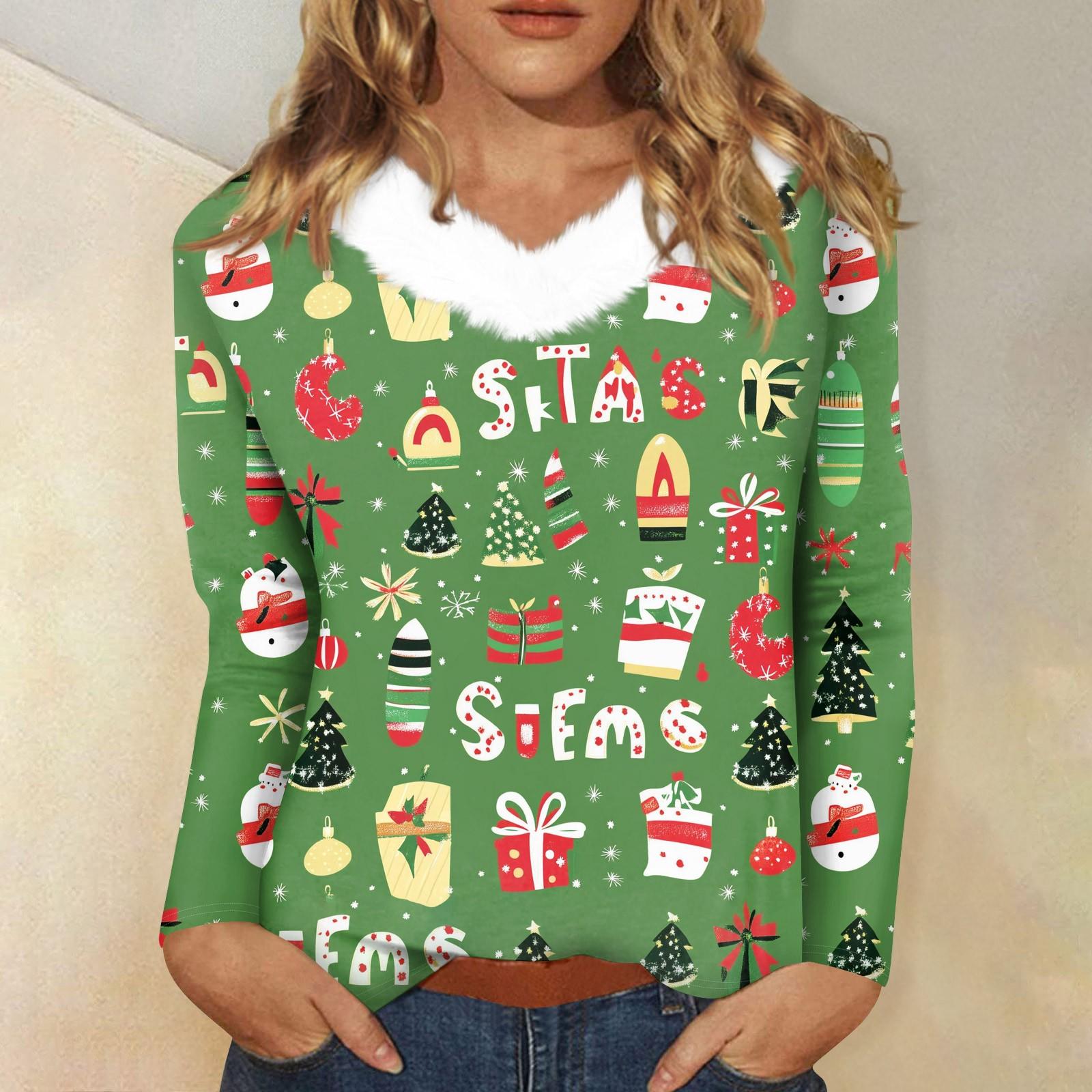 

Женская футболка с длинным рукавом, рождественская вечеринка, плюшевый воротник, топ с V-образным вырезом M зелёный