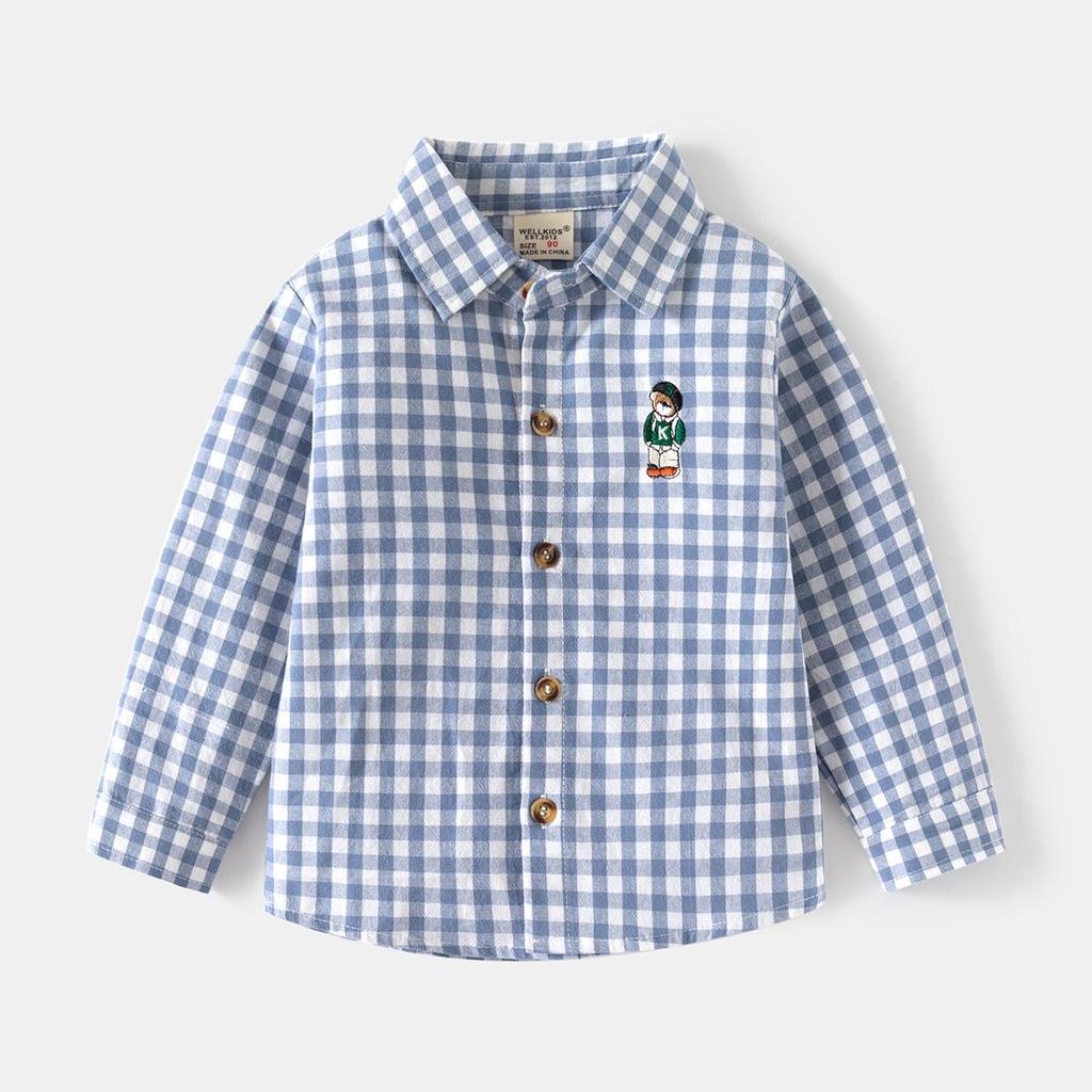 2024 Boys' Cartoon Embroidered Long Sleeve Lapel Shirt