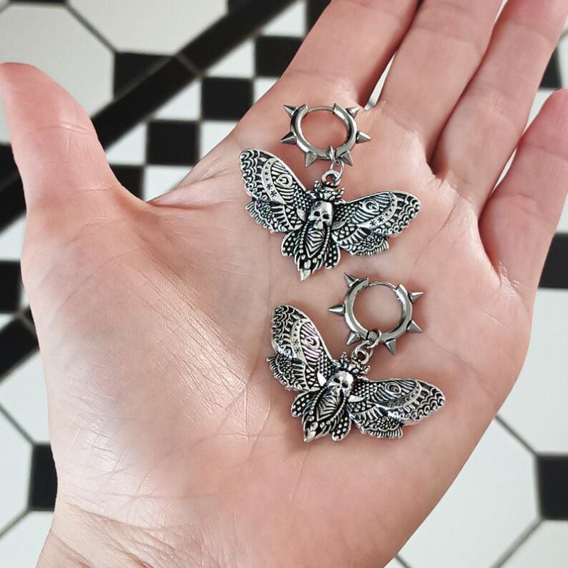 Dark Academia Spiked Hoops: Moth & Fairy Angel Gothic Earrings, Y2K Aesthetic Jewelry