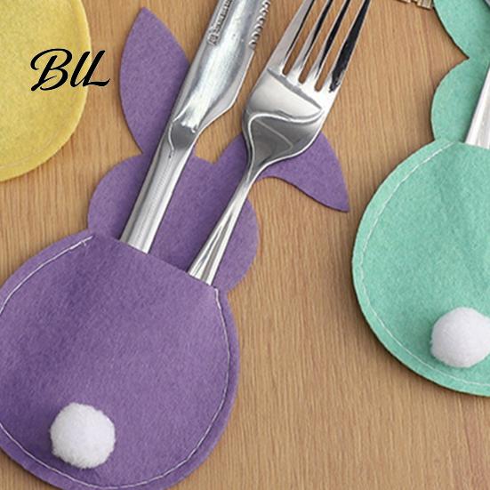 Easter Dinner Table Decor 4 Pcs Bunny Cutlery Holders, Felt Tableware Pouch Bags, Cute Rabbit Utensil Festive Centerpiece Accessory Sleeve,