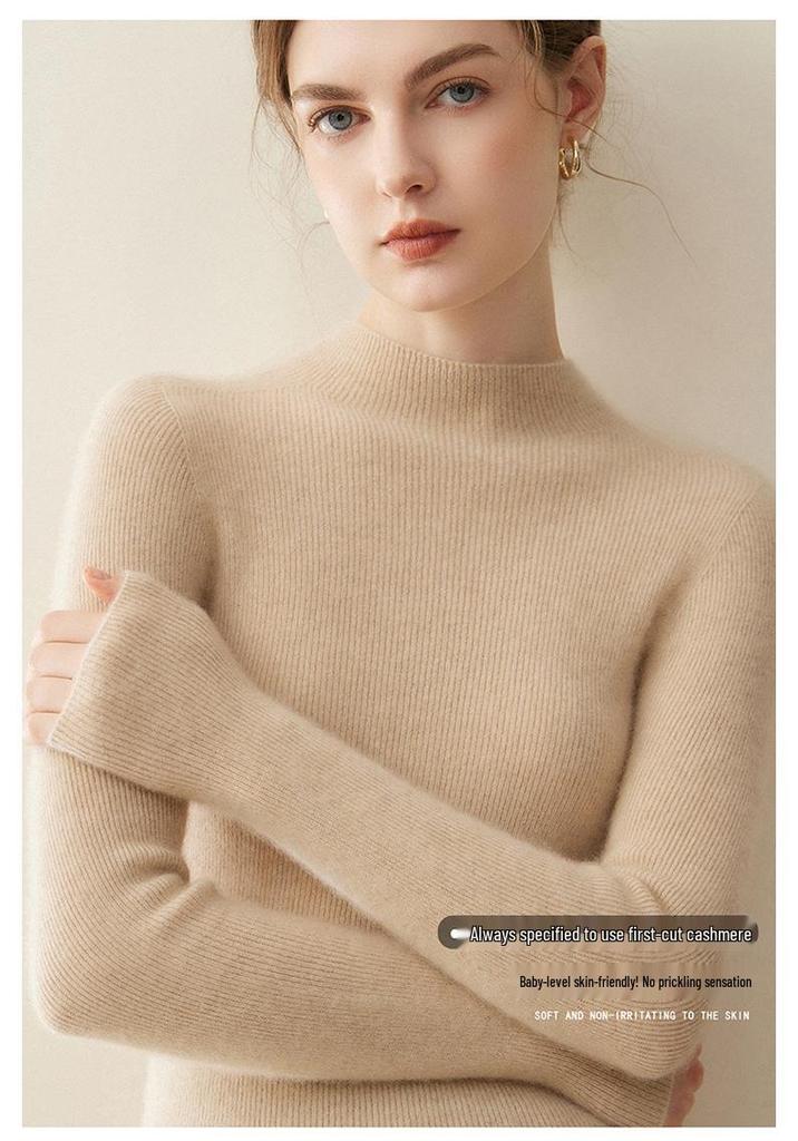 Women's Slim Fit Pure Cashmere Sweater, Half-High Neck, Soft Knit, Solid Color, 2026 Autumn/Winter Collection.