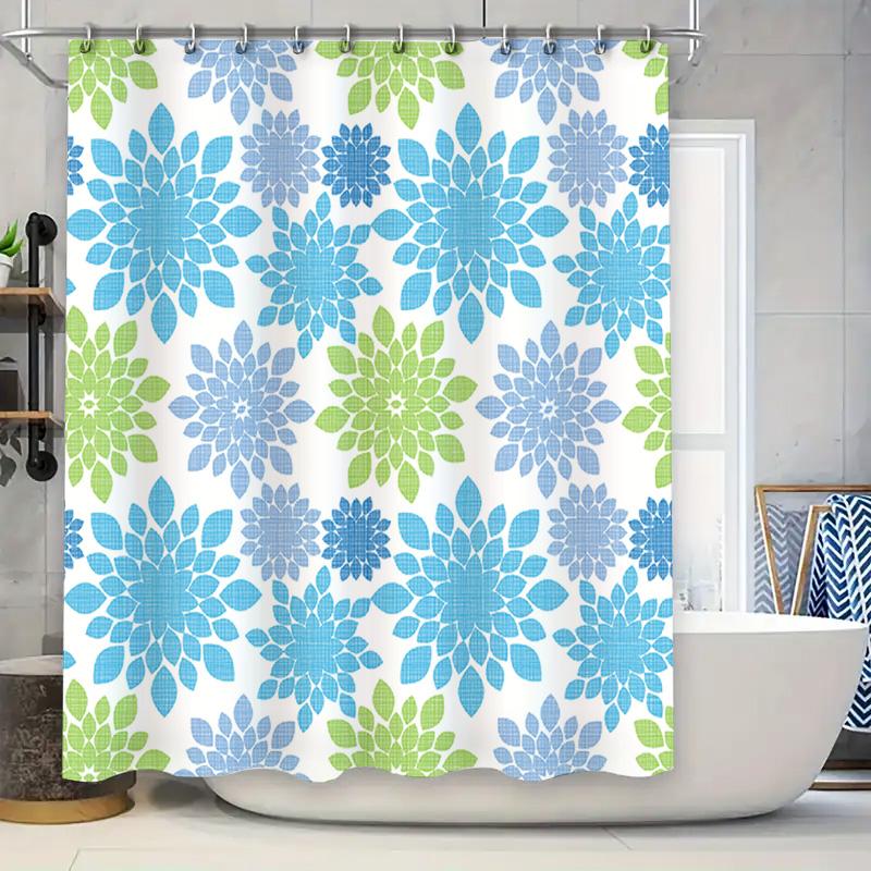 

Blue Green Flower Shower Curtain Waterproof Bathroom Decor Custom Made Sizes Water Resistant Polyester Fabric Modern Design W60H190(CM)-1 Pcs