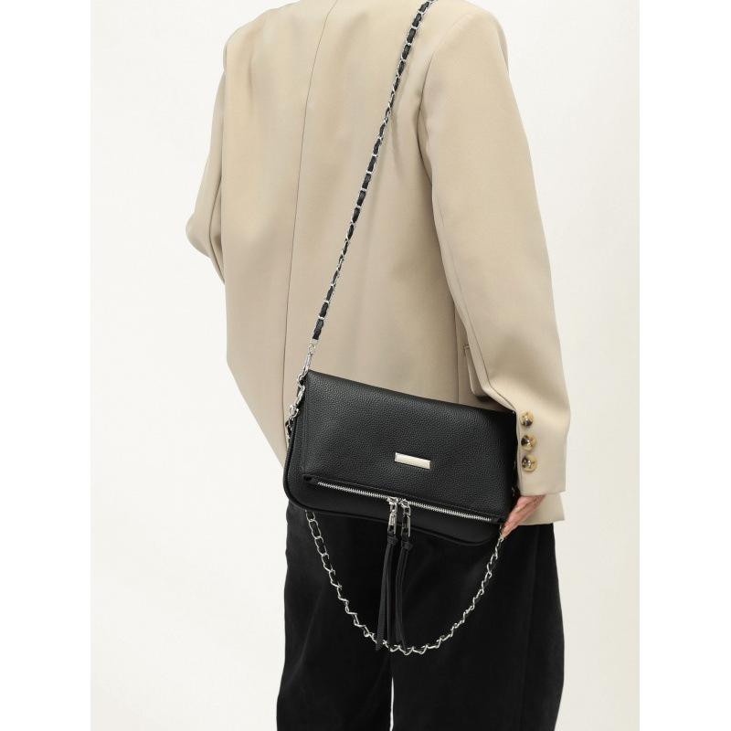 2025 new soft leather small square bag, European and American fashion versatile chain, underarm tassel single shoulder oblique span bag