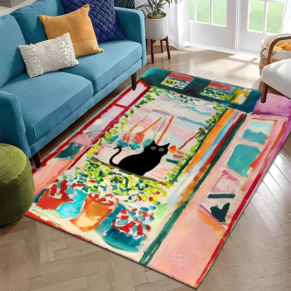 3D Black Cat K-Klimt Garden Flowers Carpet Rug for Art Living Room Decor Sofa Home Gifts Kids Game Area Rug Non-slip Floor Mat