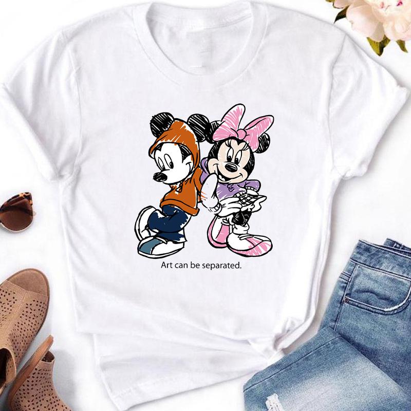 2025 Disney Mickey Minnie Mouse Fashion Print Women White T-shirt Girl Short Sleeve Crew Neck Casual Top for Women's Clothing