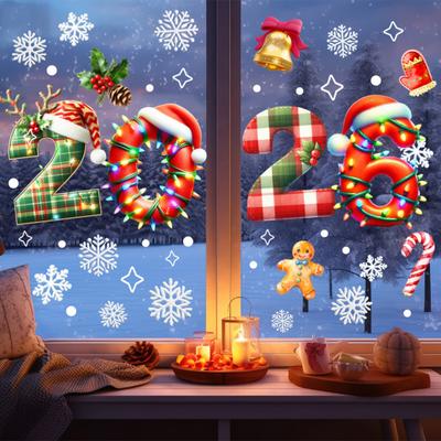 Adesivi Natalizi in Vetro Stampella Pupazzo di Neve Albero Caramella Cappello Campana Design PVC Impermeabile Decalcomanie per Finestra Porta Specchio