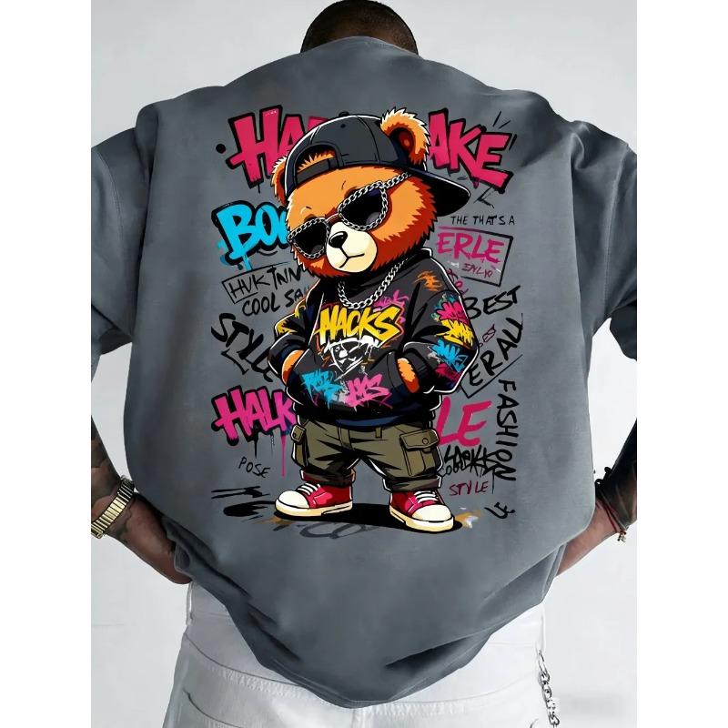 MDHAO xin nan zhuang  3D txu European and American men's summer teddy bear graffiti print comfortable and breathable round neck T-shirt outdoor street top XXS
