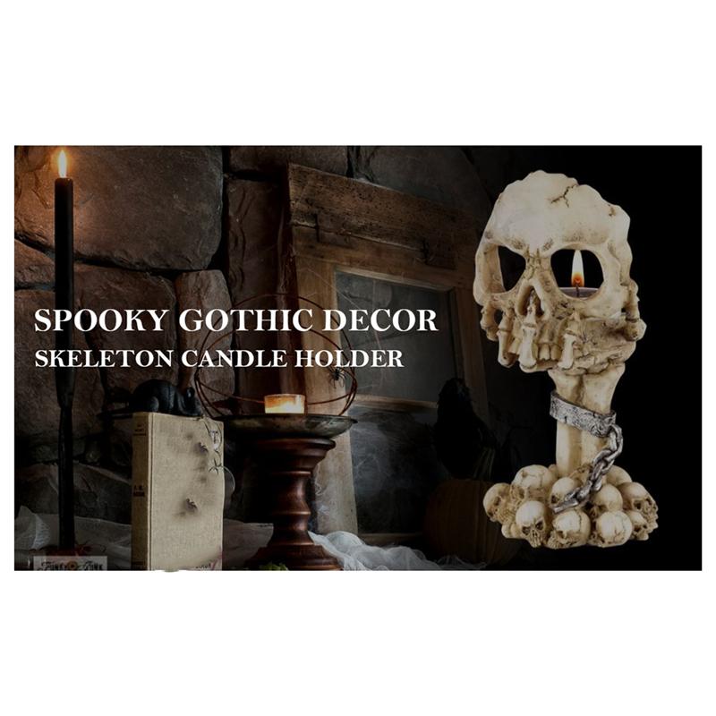 A03F-Spooky Tealight Candle Holder-Resin Candlestick Horror Skull Candle Holders Halloween Decorations