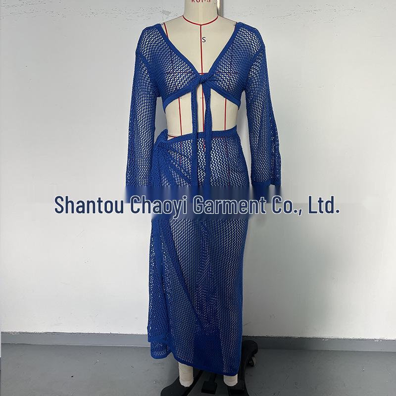 European & American Style Bandage Set: Long-Sleeved Top with Midi Skirt Beach Dress