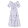 Elegant Purple Shirred Puff Sleeve Chiffon Midi Dress