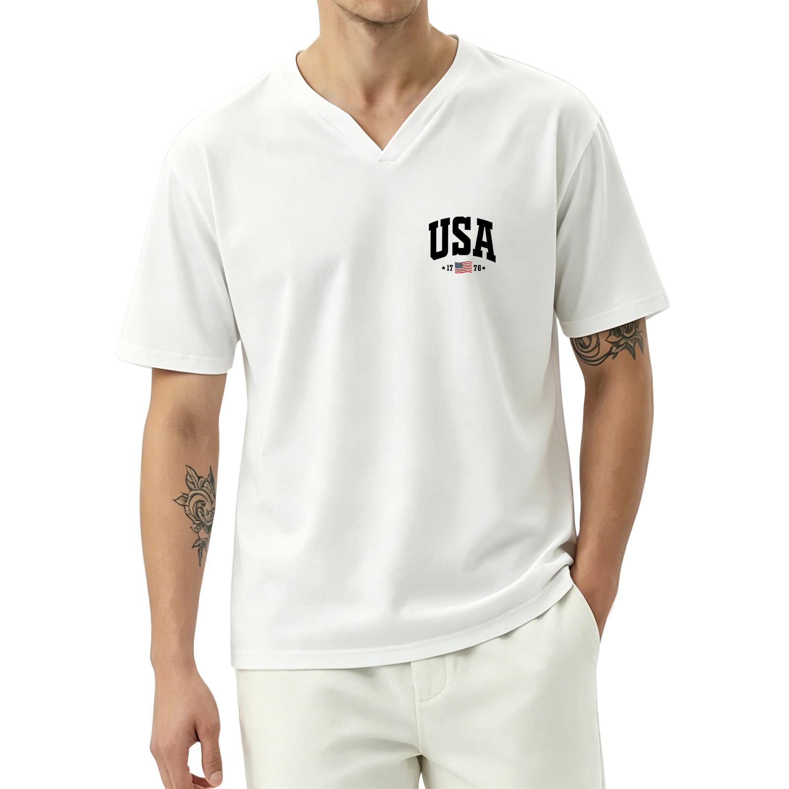 

Men V Neck Short Sleeve T Shirt USA Letter Print Casual Loose Fit Lightweight Top for Everyday Wear XXL белый
