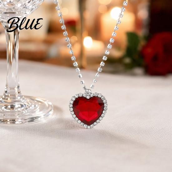 Blue Gemstone Pendant Heart Necklace Faux Diamond Sparkly Romantic Light-reflecting