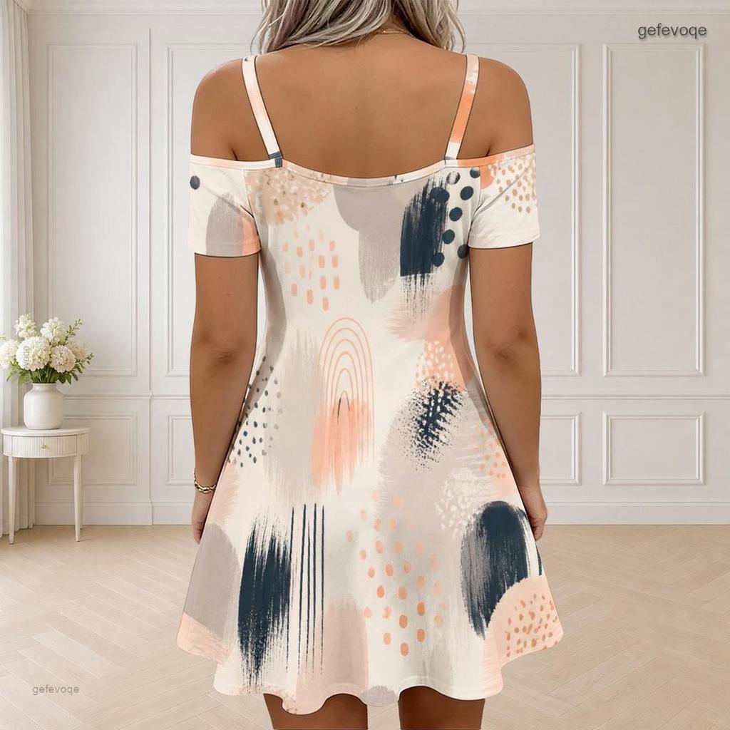 Women Plus Size Cold Shoulder Printed Dress V Neck Zipper Short Sleeve Chain Strap Flared Hem