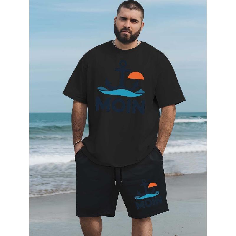European Size Moin Men'S Plus Size Casual Short Sleeve T-Shirt - Vibrant Orange with Anchor & "MOIN" Print, Loose Fit, Breathable Summer