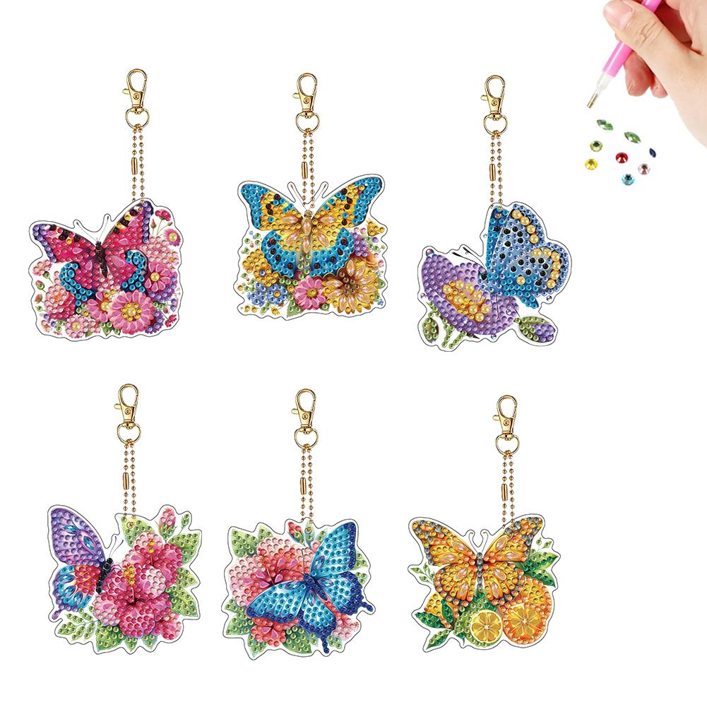 6Pcs Double Sided Special Shaped Exquisite Pattern Diamond Painting Keychain Rhinestone Painting Keychain Pendant for Beginners
