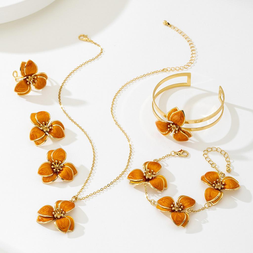Simple Oil-Infused Flower Earrings And Necklace Set - Casual Jewelry Set For Women