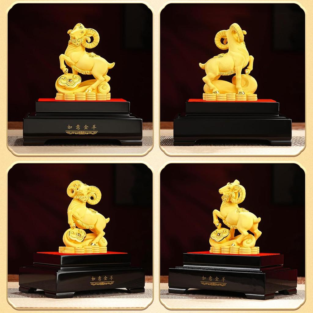 Auspicious Fortune Ram Figurine Statue, Premium Sandblasted Metallic Sandy Finish, Classic Oriental Feng Shui Art Style Decor, Prosperity Centerpiece