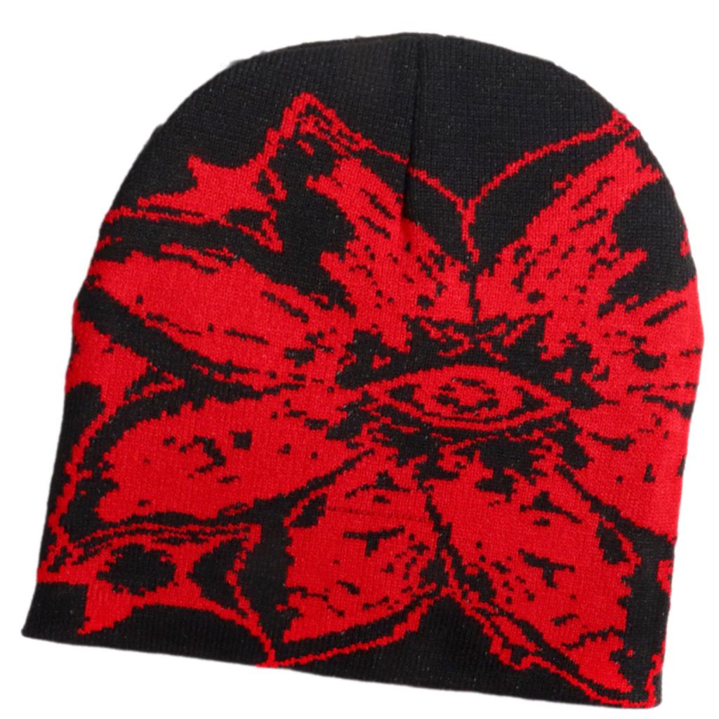 Unisex Jacquard Eye Flower Pattern Knitted Beanies Hat Fashionable Winter Warm Hiphop Bonnet Skull Hat for Men and Women
