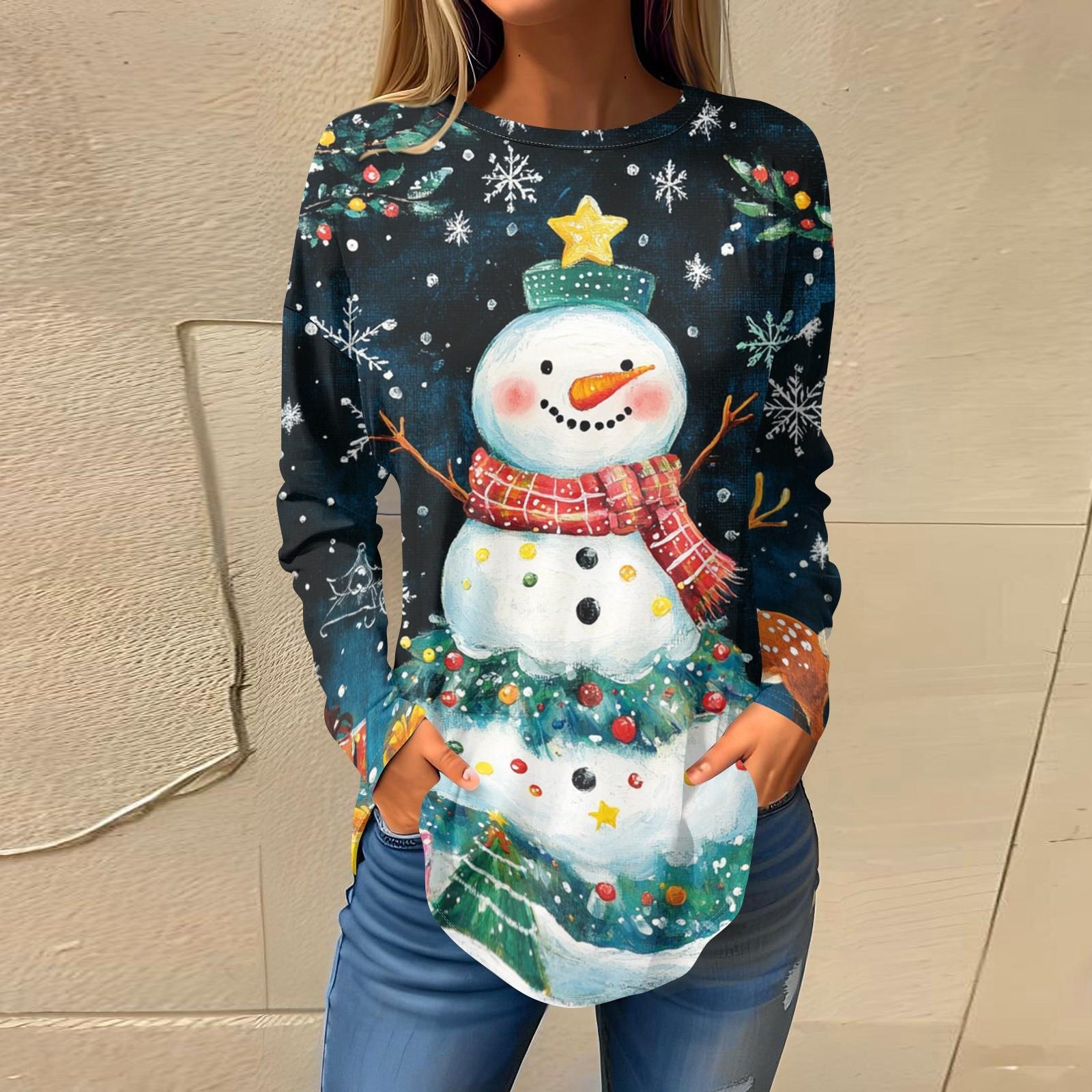 

Футболки для женщин, осенние повседневные рубашки с длинным рукавом, толстовки с винтажным графическим принтом, топы, пуловеры, рождественские M