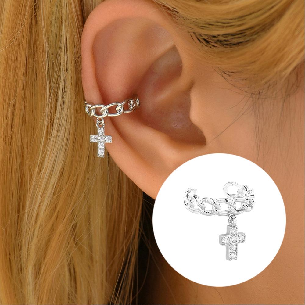 Luxurious Zircon Wave Cross Non-Pierced Ear Clips with Full Diamond Design for Women