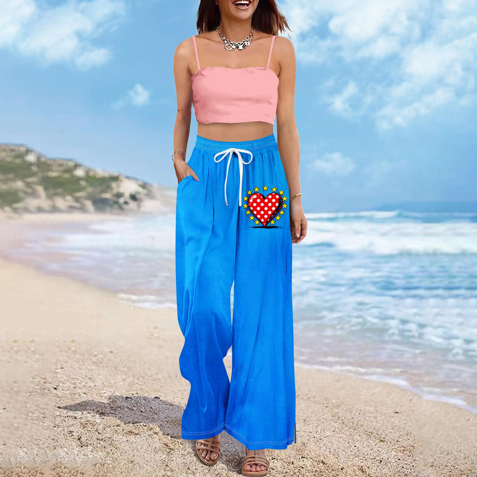 

Women Summer Boho Palazzo Pants High Waist Wide Leg Printing Casual Trousers With Pockets XL