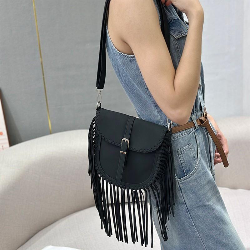 Matte Suede Fringe Saddle Bag Women Small Vintage Crossbody Shoulder In Brown Black Taupe Khaki