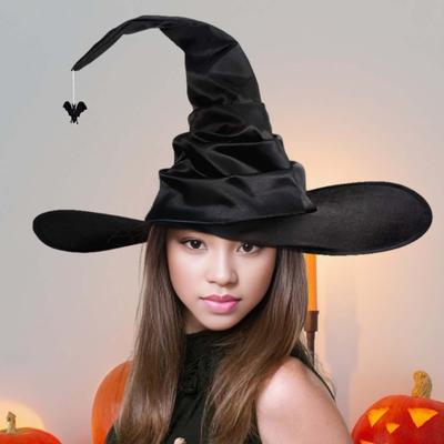 Halloweenský klobouk Spider Bat Decor Úhlový čarodějnický klobouk Ruched Velký okraj Čarodějka Čarodějka Cosplay Kostým Haunted House Karnevalová párty