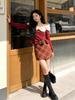 Fei Yuan Plaid Belted Red Skirt - Festive Autumn/Winter Style
