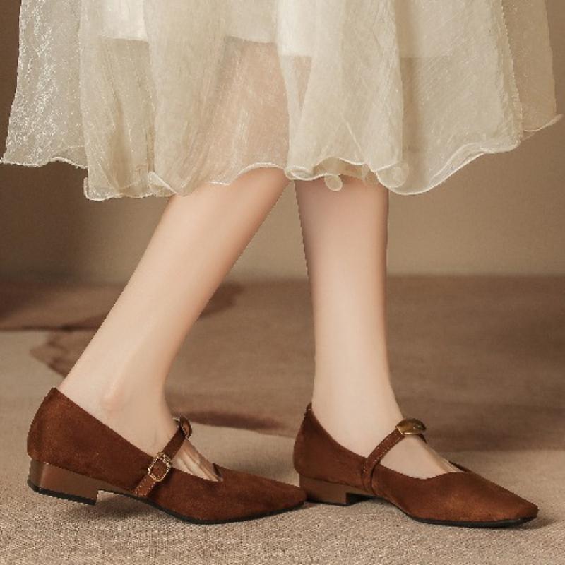 Vintage Mary Jane Shoes Women Soft Sole Low Heel Square Toe Suede Flats Breathable Non-Slip Casual