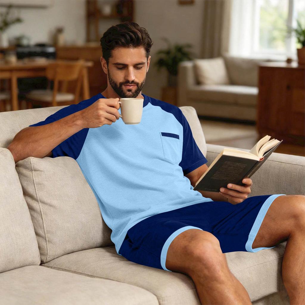 Herren Sommer-Pyjama-Set Kurzarm-Oberteil mit Tasche und passender Hose Leichte atmungsaktive Nachtwäsche Loungewear