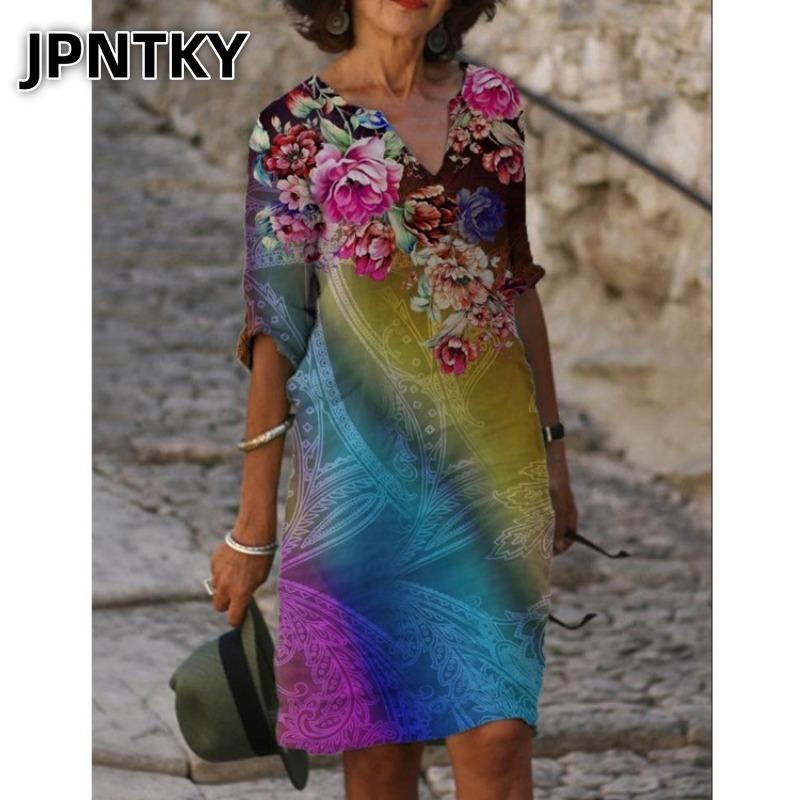JPNTKY Fashion Summer Spring Short Sleeve V-Neck Casual Dresses
