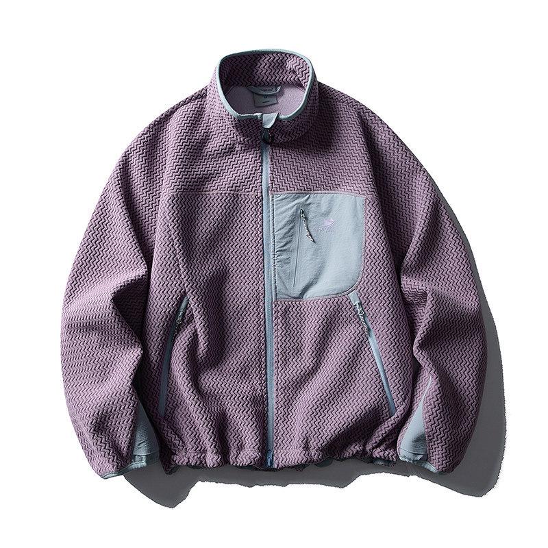 Unisex Outdoor Color Block Fleece Hiking Jacket with Stand Collar