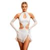 Damen Latin Dance Fransenkleid Cutout Ärmellos Träger Taille Quasten Saum Paillettenkleid mit Langen Handschuhen