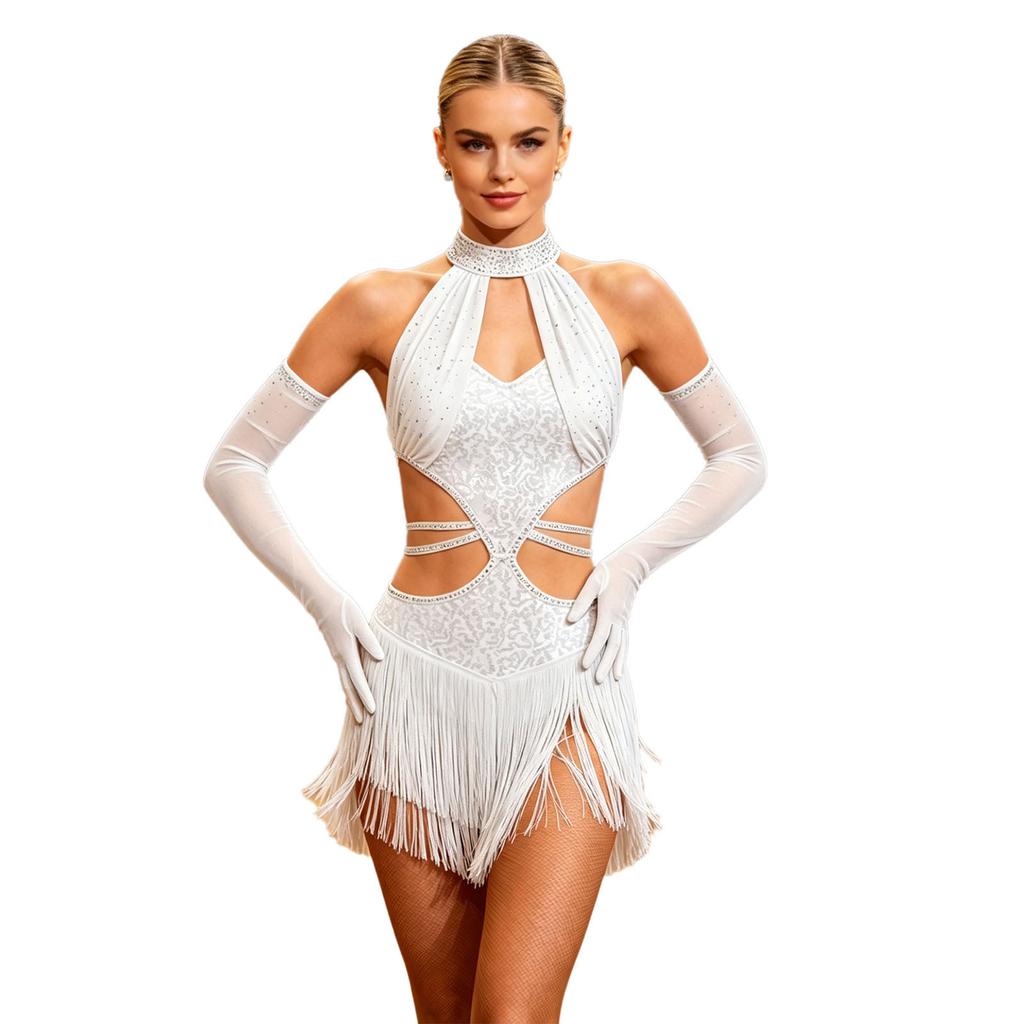 Damen Latin Dance Fransenkleid Cutout Ärmellos Träger Taille Quasten Saum Paillettenkleid mit Langen Handschuhen