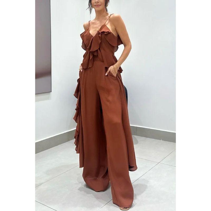 

Summer European and American Women clothes Solid Chiffon V-neck Sling Frill Straight Pants Two-piece Set Dark brown S