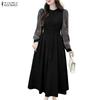 ZANZEA Women Casual Round Neck Mesh Splice Long Sleeve Dress