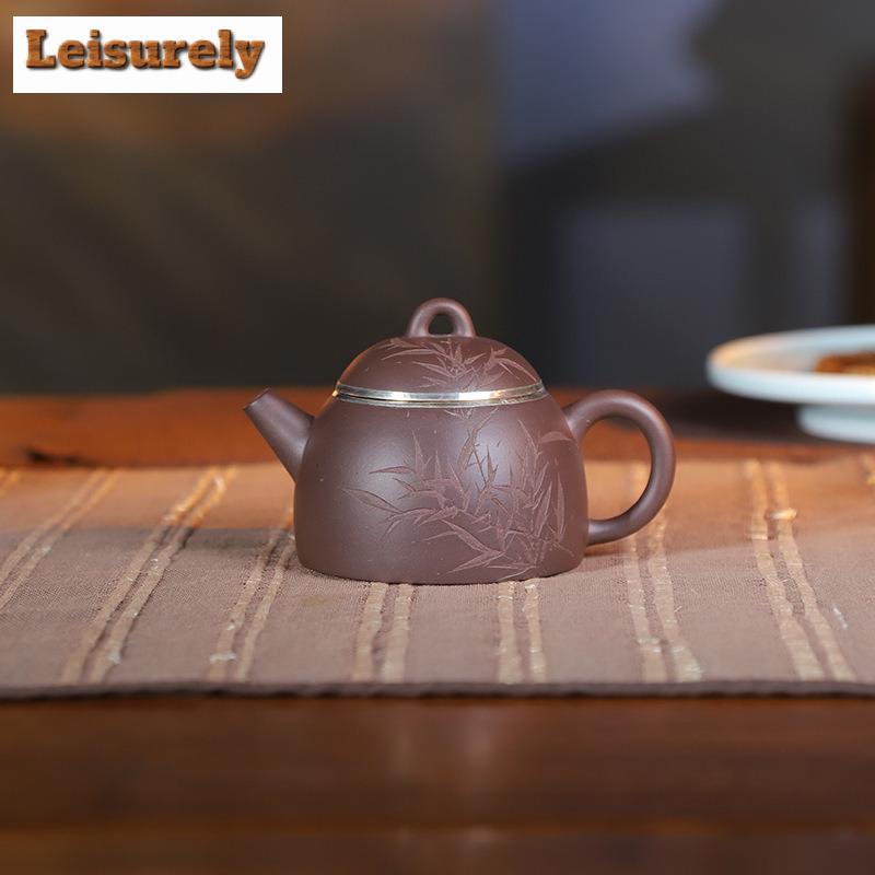 150ml Antique Yixing Purple Clay Teapot Handmade Silver Circle Qin Quan Pot Raw Ore Purple Mud Kettle With Strainer Zisha Teaset
