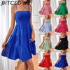 BITCED Women's Summer Off-the-Shoulder Fine-Strap Solid-Colour Textured Dress