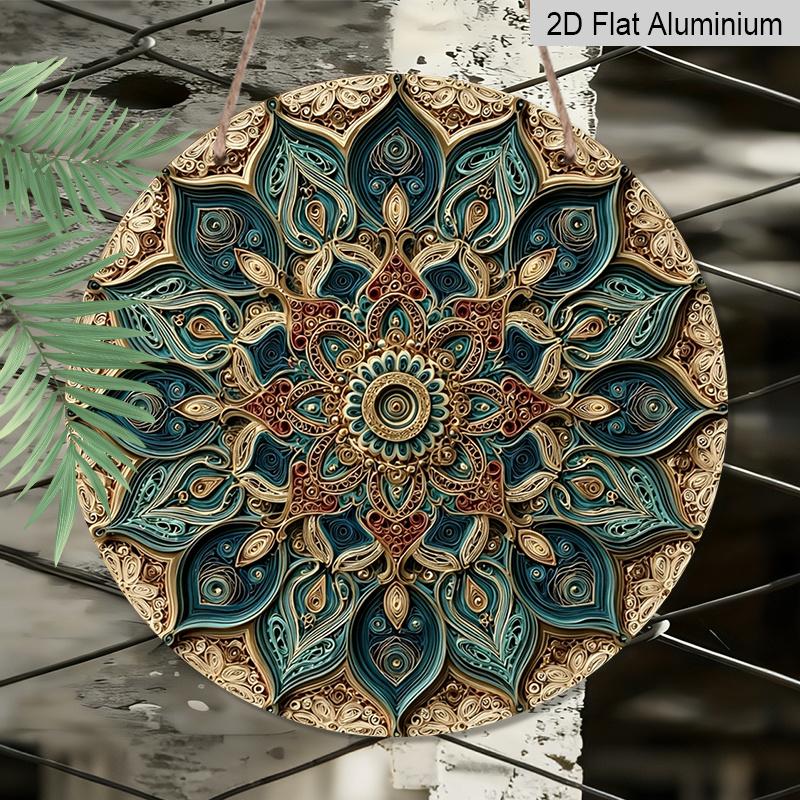 2D Flach, 1 Stück Runde Aluminium-Mandala-Dekorplatte, Aufwendige Ranken-Blumen-Ethnische Mandala-Kunst, Türkranz-Mittelstück, Ideal für Weihnachten, Diwali