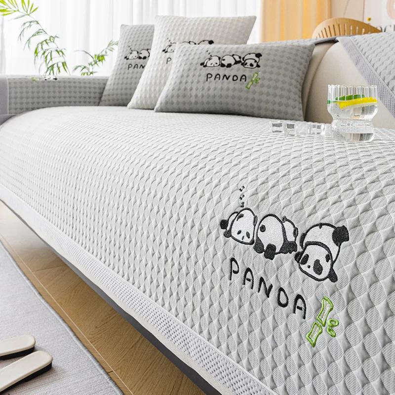 

Summer Cool Feeling Sofa Cushion Light Luxury Ice Silk Sofa Cover Cartoon Panda Embroidered Sofa Cushion Living Room Home Decor 70x70