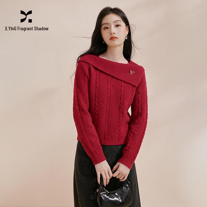 Women s Red Off-Shoulder Lapel Twisted Knit Sweater M