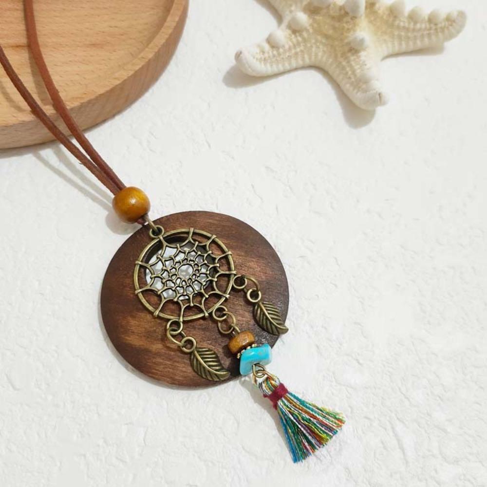 Round Sweater Chain Wooden Necklace Female Jewelry Vintage Leather Lanyard