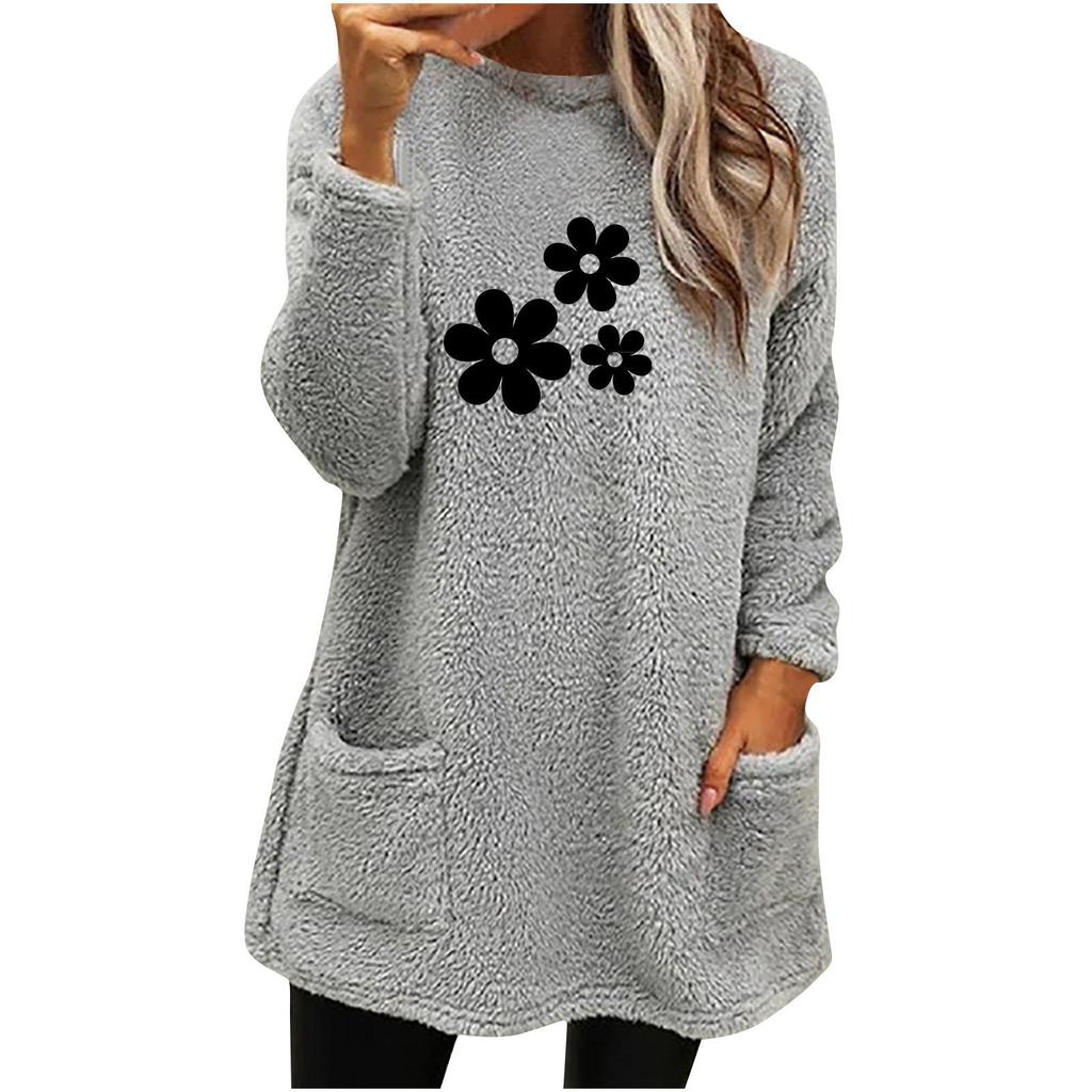 New Cartoon Print Long Sleeve Loose Round Neck Pullover Pocket Fleece Hoodie