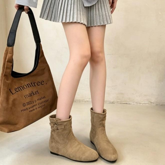 Retro round head flat bottom short boots women's autumn new side buckle decorative boots simple commuting daily thin