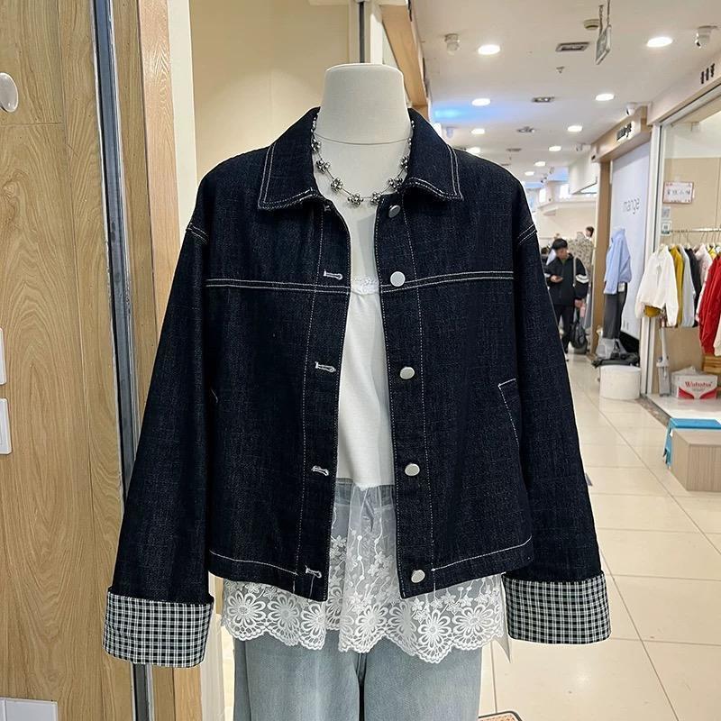 2025 Retro Plaid Patchwork Casual Denim Short Jacket for Women XL